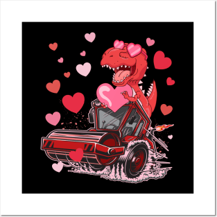 Dinosaur T Rex Riding Monster Truck Valentines Day Posters and Art